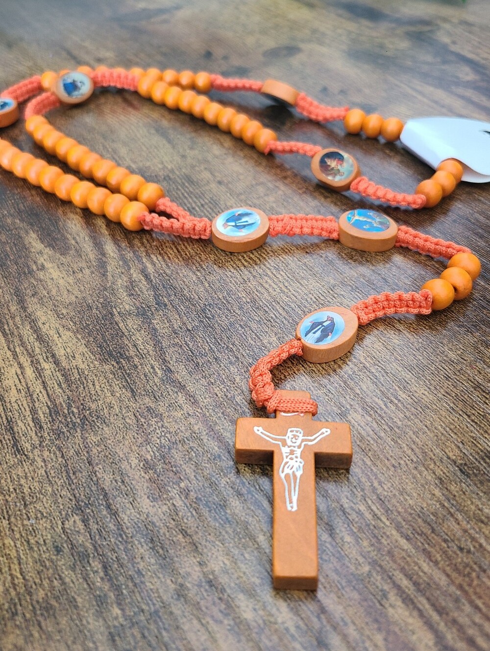 Orange Wooden Rosary Necklace with Crucifix